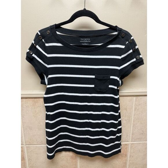 Talbots Stretch Weekend Tee Women's Striped Cotton Pocket Tee Black White Large - Picture 2 of 7